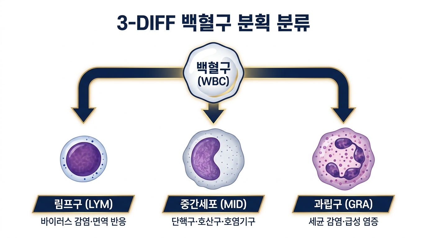 3-DIFF 백혈구 분획 분류 — 림프구·중간세포·과립구