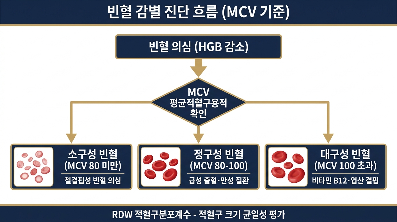 빈혈 감별 진단 흐름 — MCV 기준 소구성·정구성·대구성