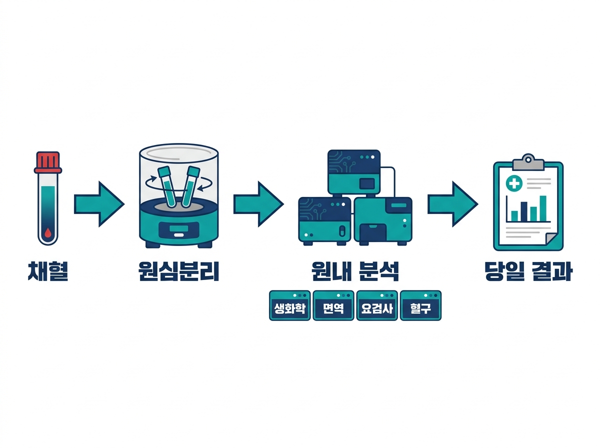 검사 운영 동선 — 채혈 → 원심분리 → 원내 분석(생화학·면역·요검사·혈구) → 당일 결과