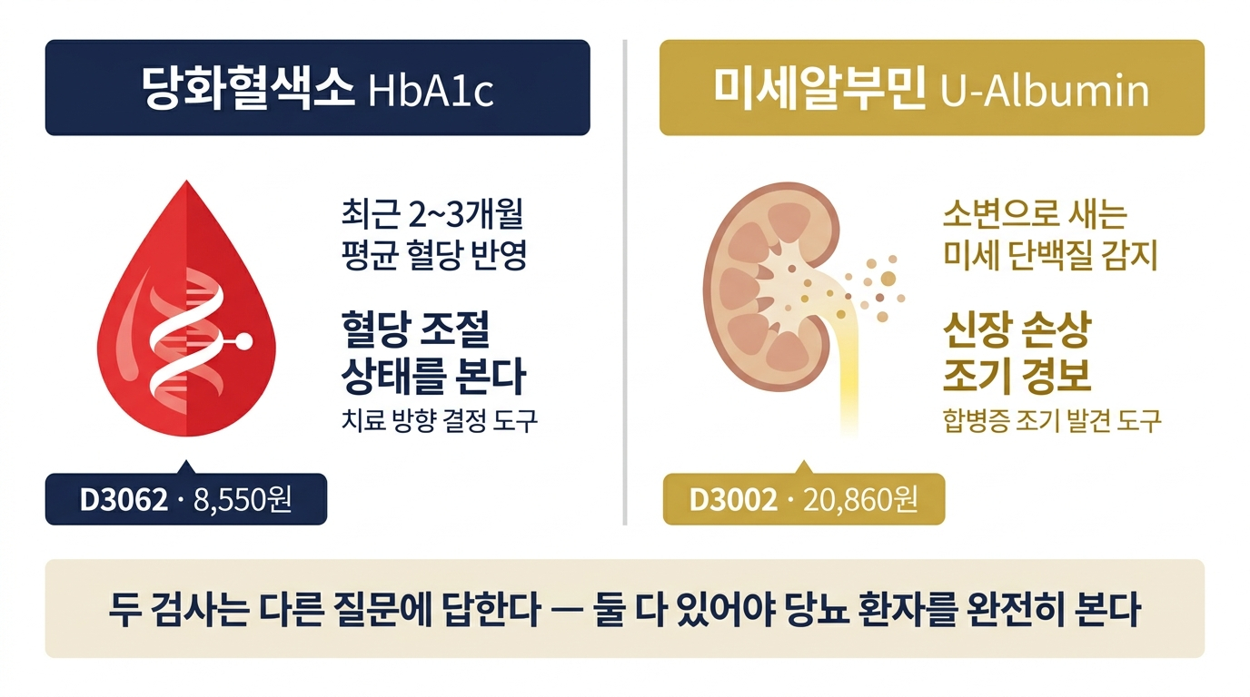당화혈색소(HbA1c)와 미세알부민(U-Albumin) 비교 — 두 검사는 다른 질문에 답한다