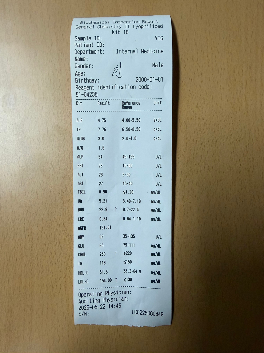 LOC-200 검사 결과지 — Biochemical Inspection Report (General Chemistry II)